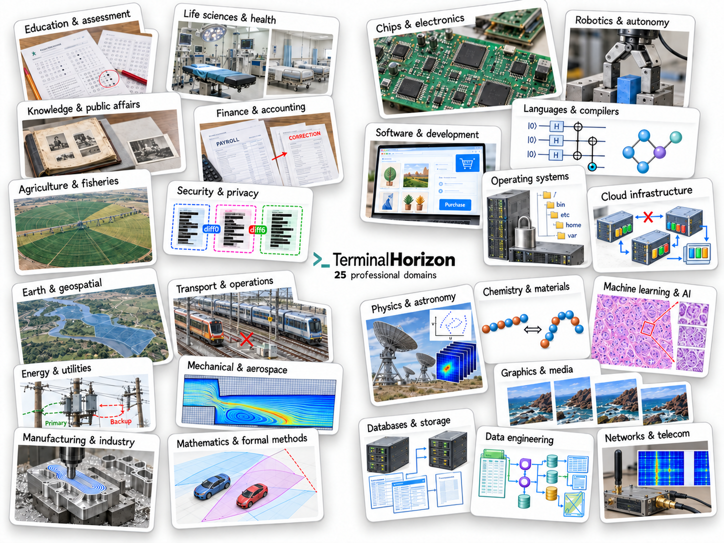 Illustrated professional-domain overview spanning education, agriculture, healthcare, engineering, scientific computing, finance and infrastructure.